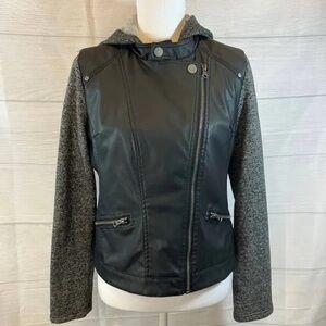 New Look Black and Gray Leather Hooded Jacket